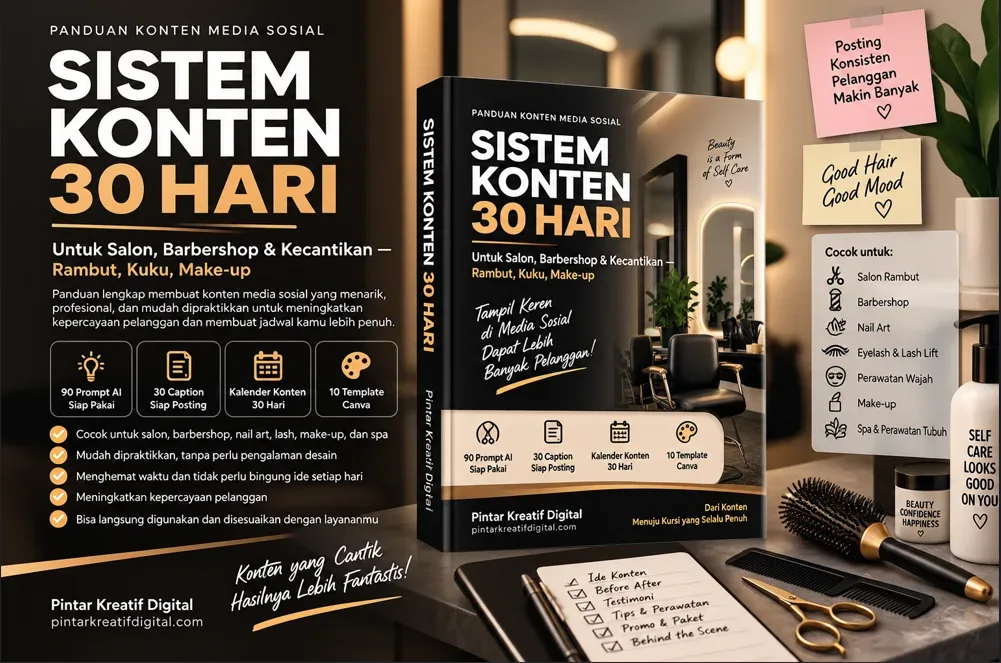 E-Book Sistem Konten 30 Hari untuk Salon, Barbershop & Kecantikan: 90 Prompt AI, 30 Caption & Kalender Konten