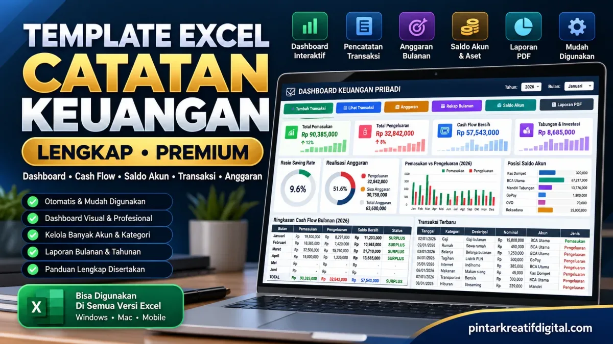 Template Excel Catatan Keuangan Pribadi Premium – Dashboard Keuangan, Transaksi, Budget & Laporan Otomatis