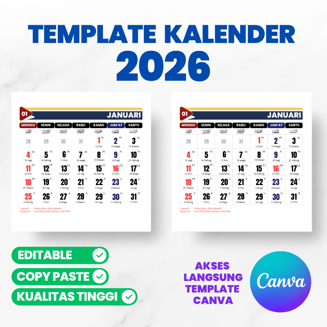 Template Kalender 2026 Canva Editable Lengkap Jawa, Hijriyah & Libur Nasional Versi 2