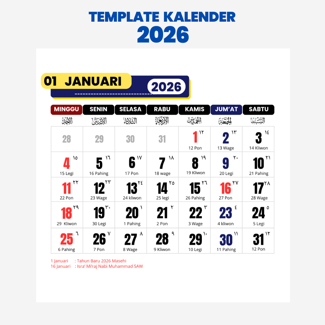 Galeri Template Kalender 2026 Canva Editable Lengkap Jawa, Hijriyah & Libur Nasional Versi 1
