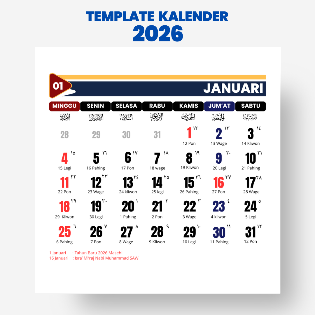 Galeri Template Kalender 2026 Canva Editable Lengkap Jawa, Hijriyah & Libur Nasional Versi 2