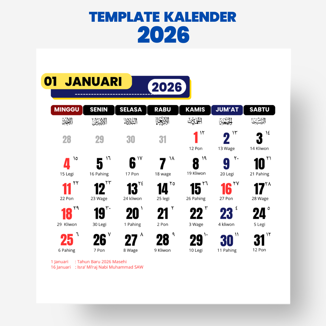Galeri Template Kalender 2026 Canva Editable Lengkap Jawa, Hijriyah & Libur Nasional Versi 1