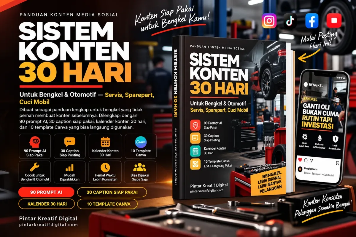 E-Book Sistem Konten 30 Hari untuk Bengkel & Otomotif: 90 Prompt AI, Caption Siap Posting & Kalender Konten