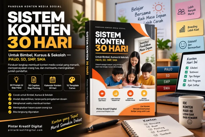 E-Book Sistem Konten 30 Hari untuk Bimbel, Kursus & Sekolah: 90 Prompt AI, 30 Caption & Kalender Konten