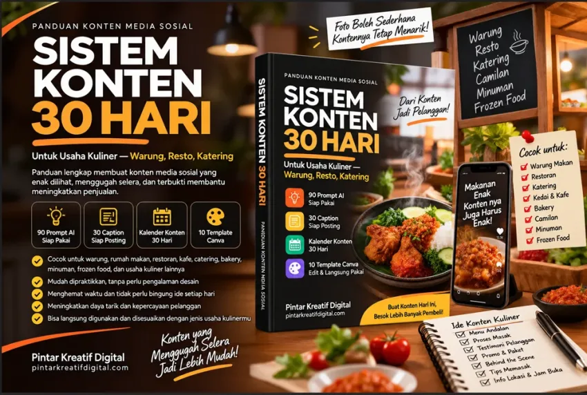 E-Book Sistem Konten 30 Hari untuk Usaha Kuliner: 90 Prompt AI, 30 Caption & Kalender Konten