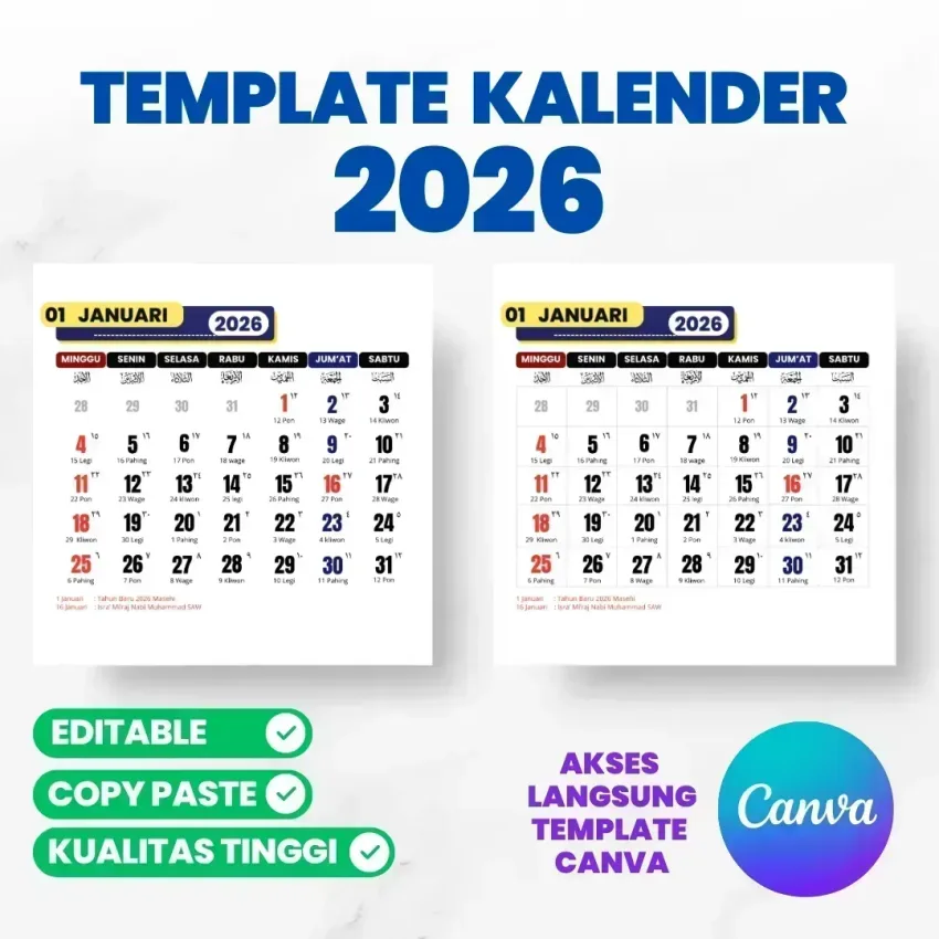 Template Kalender 2026 Canva Editable Lengkap Jawa, Hijriyah & Libur Nasional Versi 1