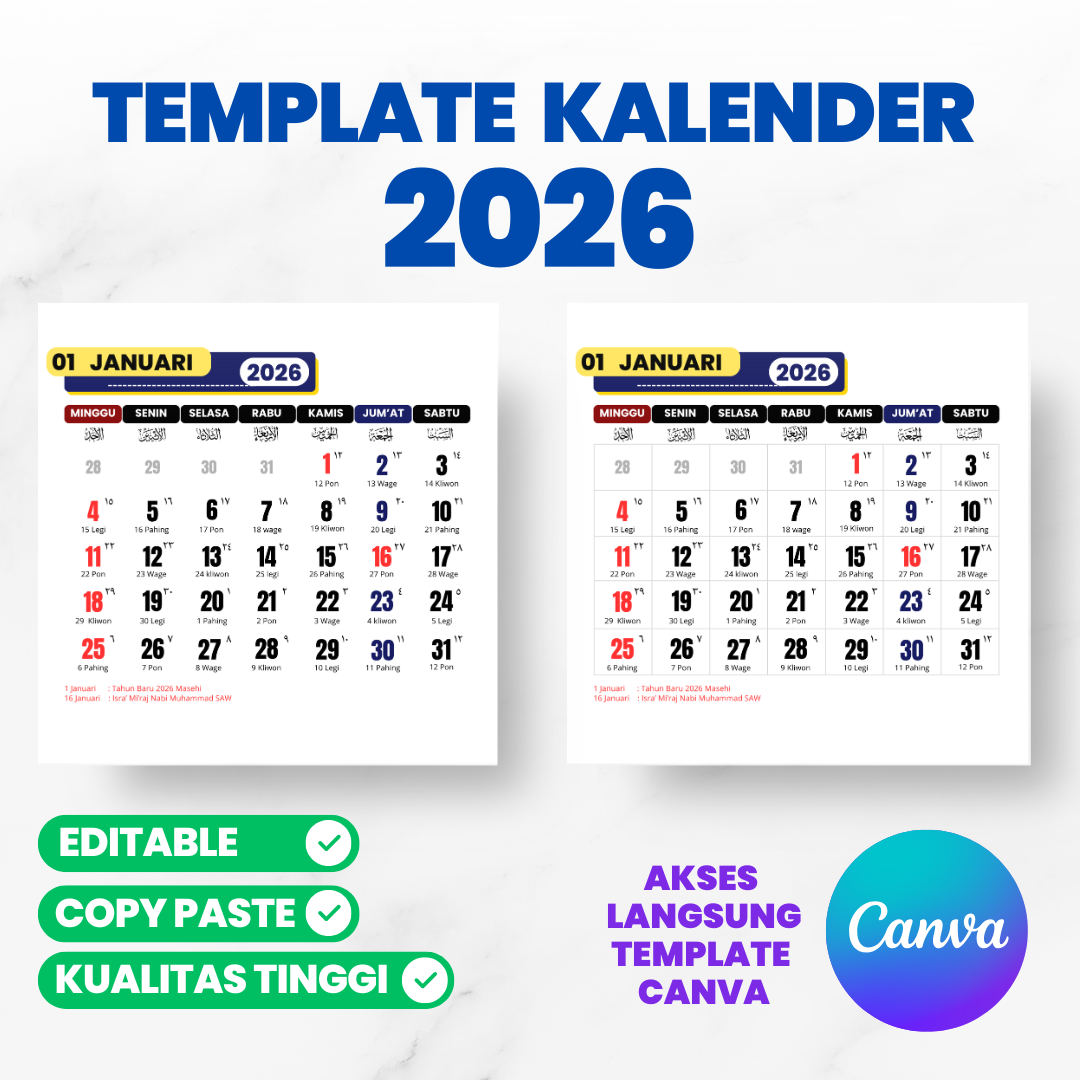 Template Kalender 2026 Canva Editable Lengkap Jawa, Hijriyah & Libur Nasional Versi 1