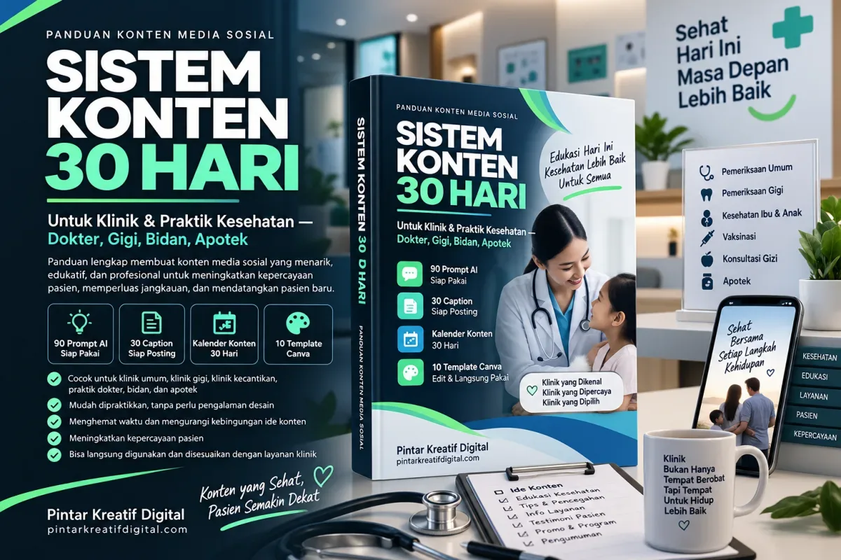 E-Book Sistem Konten 30 Hari untuk Klinik & Praktik Kesehatan: 90 Prompt AI, 30 Caption & Kalender Konten